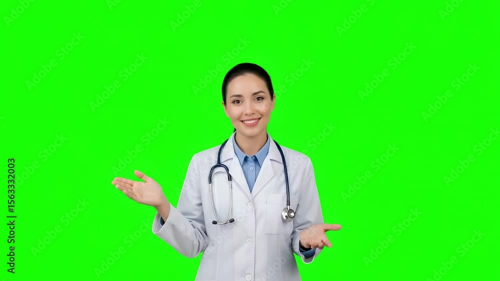 Female Doctor in Medical Uniform Gesturing and Smiling for Healthcare Concept on Green Screen Female Doctor in Medical Uniform Gesturing and Smiling for Healthcare Concept on Green Screen