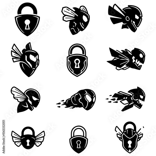 A romantic collection of lock icons, including classic heart padlocks and ornate locket designs