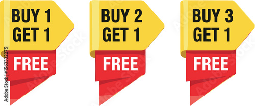 Buy 1, 2 or 3 to get 1 free offer label. Discount tag for special sale. Transparent PNG and vector illustration