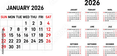 calendar for year 2025 and 2026. simple minimal style calendar, week starting with sunday. printable vector illustration