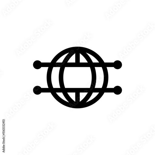 A minimalist black-and-white icon depicting a globe intersected by two horizontal lines ending in connection points. This abstract representation symbolizes global networks, digital communication, int