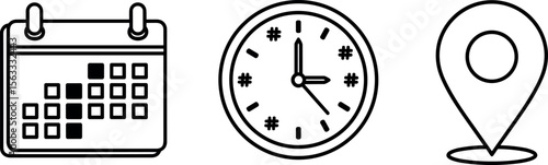 date, time, address location icon set. calendar, clock and map symbol for event, meeting, wedding, schedule, invitation card design element. transparent vector illustration.