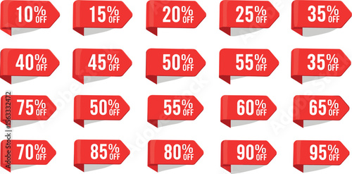 discount sticker product tag set. shopping discount label badge with 10 to 95 percent off. vector symbol on transparent background.