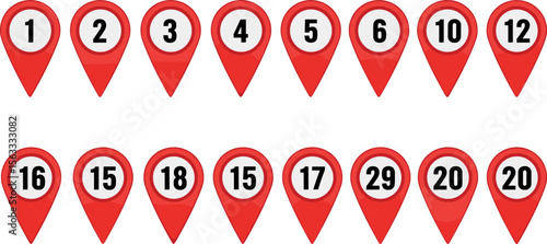 Location pin icons with number. Map marker symbol set with 1 to 20 numbers. Transparent vector illustration.
