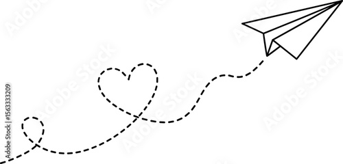 Paper plane with heart shaped dotted line. transparent png and vector illustration.