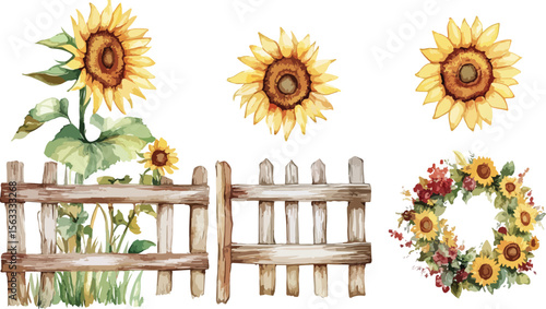 Watercolor Sunflower Set with Fence and Wreath on White Background