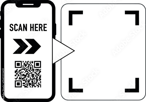 Scan here QR code blank frame. printable scan here sticker template for shop payment, website, app, ui. vector illustration on transparent background.