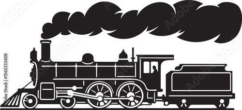Classic black silhouette of a steam locomotive with a tender emitting smoke