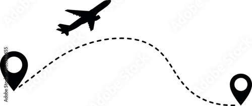 tourism and travel concept. plane travelling from start point to end point with dotted line tracing. trip planning vector symbol on transparent background.