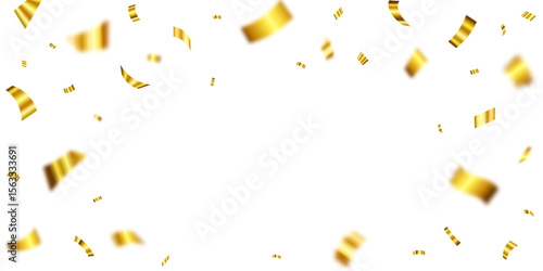Gold confetti. Falling shiny golden confetti on transparent background for celebration or party invitation design. Celebration border with gold confetti, carnival ribbons, confetti illustration