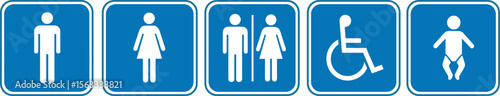 washroom signs. printable blue sticker of toilet symbol with man woman baby cleaning icons. restroom bathroom and change room sign. transparent png and vector illustration