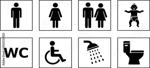 Washroom signs. Restroom or toilet door sign set containing gents, ladies, disabled, baby changing. Printable sticker. Transparent vector illustration