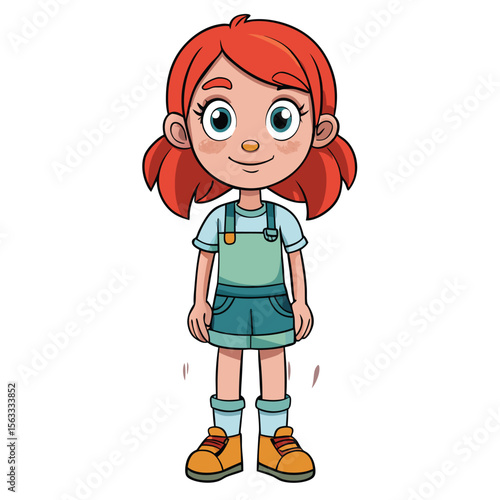 Cheerful girl with bright eyes and a friendly smile in light teal overalls