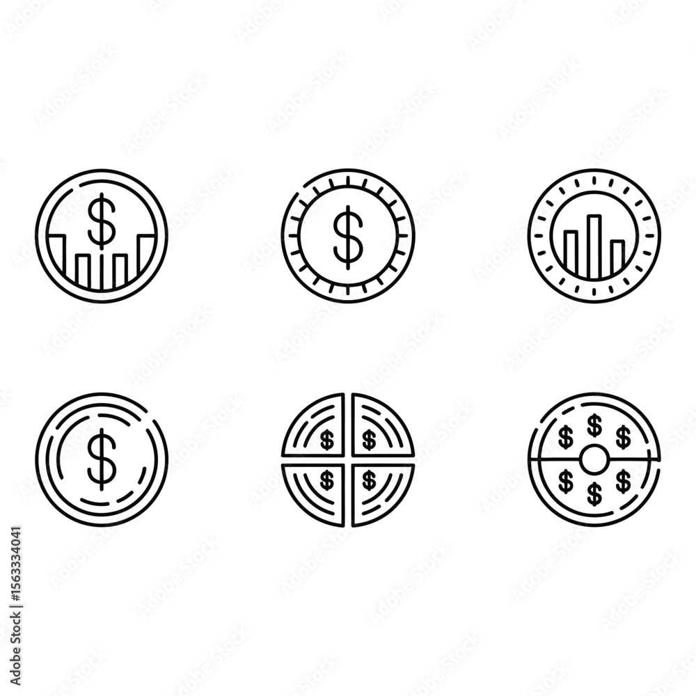 Obraz premium Six Minimalist Line Icons Finance Currency Investment Growth and Profit Symbols