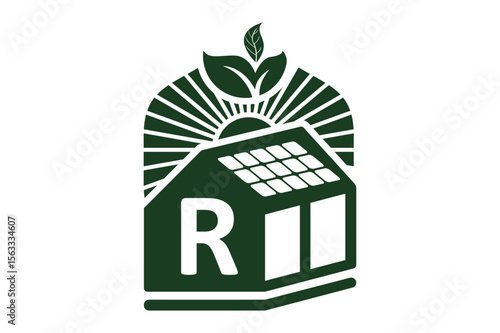 Green eco house with r letter solar panels logo design