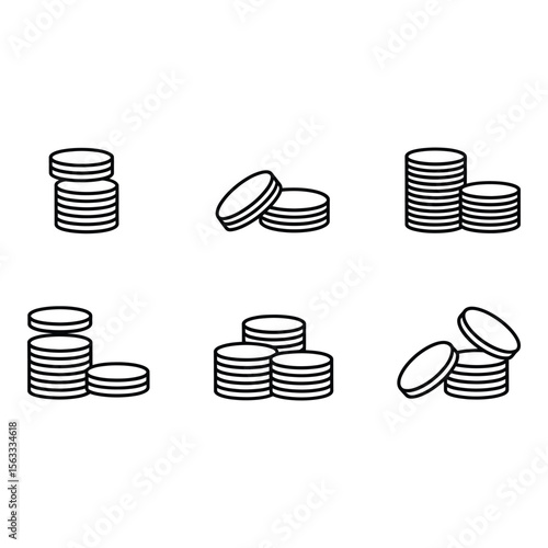 Six Outline Icons Stacks of Coins Financial Currency Money Banking Investment Simple Minimalist Vector Graphics