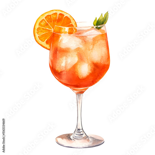 Aperol spritz watercolor illustration features a bright orange slice and ice, perfect for summer cocktail designs and menus, transparent background