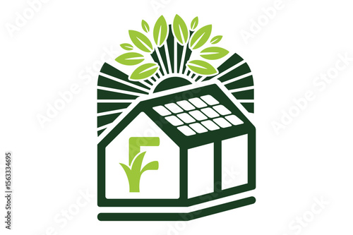 Green energy home with solar panels letter F logo