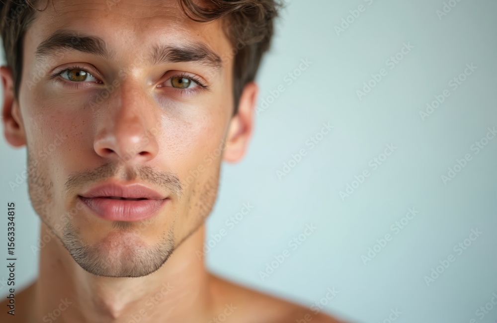 Fototapeta premium Handsome young white man with clear skin. Portrait male face with healthy skin. Beauty skincare concept. Wellness, grooming, metrosexual lifestyle. Studio shot, natural light. Close-up of face.