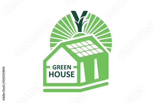 Greenhouse with solar panels and sun rays letter Y logo design