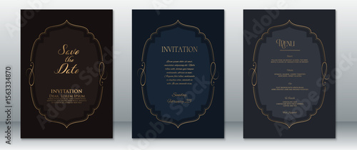 Stylish wedding invitation and menu templates featuring gold ornamental frames on dark backgrounds. Perfect for formal events, luxury weddings, and upscale celebrations.