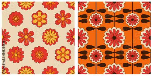 Retro 60s Seamless Pattern Set A vibrant set of three seamless vector patterns inspired by retro 60s and 70s aesthetics. This collection features vintage floral motifs, abstract geometric shapes