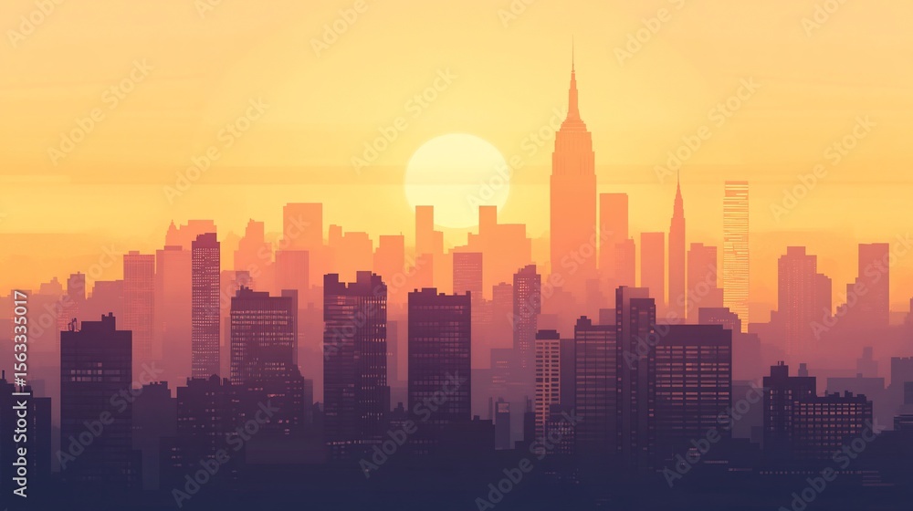 Fototapeta premium Minimalist Urban Skyline at Sunset: A Serene Cityscape Silhouette
