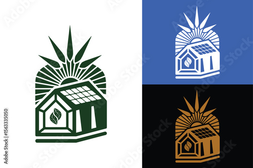 Eco-friendly house with solar panels and sun logo design illustration