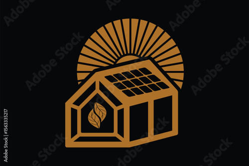 Solar powered greenhouse illustration with sun and leaves logo