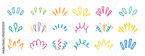 sunburst, doodle sun rays colorful lines. Cute funny hand drawn lines showing concentrated lines set, awareness, inspiration and surprises