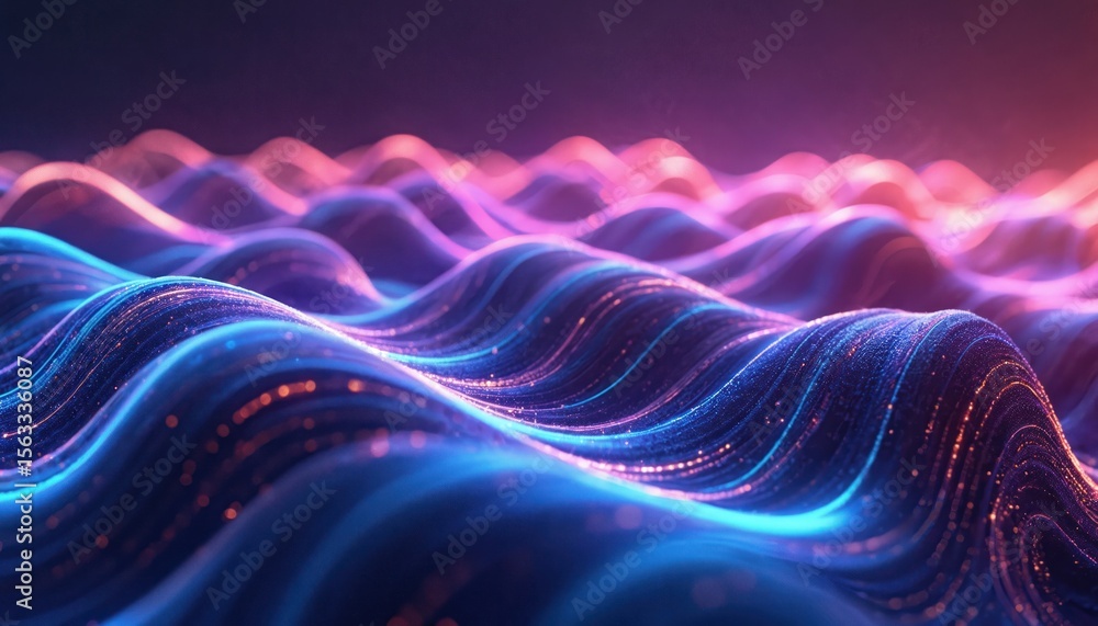 Obraz premium Abstract 3D render with wavy background neon rays and glowing colorful lines. Ultraviolet light, neon illumination creates visual of digital fiber optic data streams. Modern tech and science backdrop.