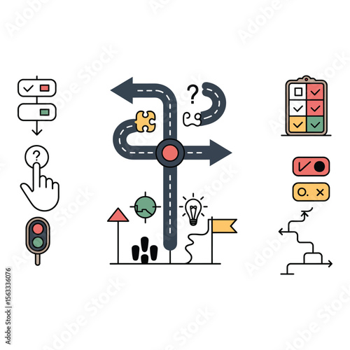 Strategic Decision Making Process Flat Design Vector Illustration of Choices Planning and Success