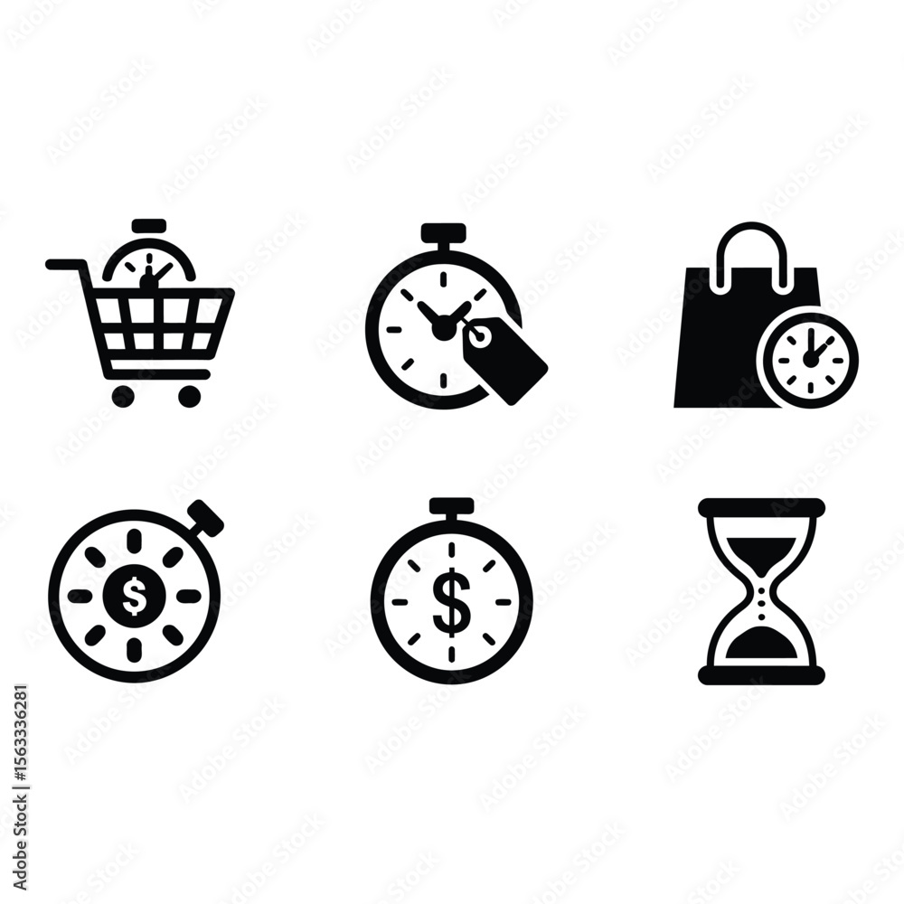Fototapeta premium Time Sensitive Shopping Icons Black and White Minimalist Design E commerce Retail Marketing Urgency Deadline Sale Timer Clock Hourglass