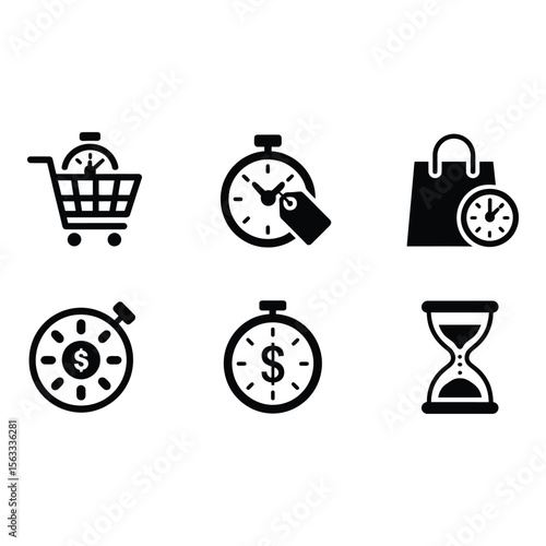 Time Sensitive Shopping Icons Black and White Minimalist Design E commerce Retail Marketing Urgency Deadline Sale Timer Clock Hourglass