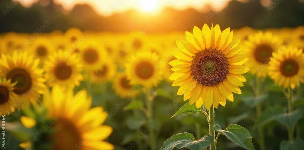 Obraz premium Vibrant yellow sunflowers in a field bathed in golden sunlight, creating a stunning natural landscape A perfect image for summer, nature, and happiness themes , rural, flowers, green