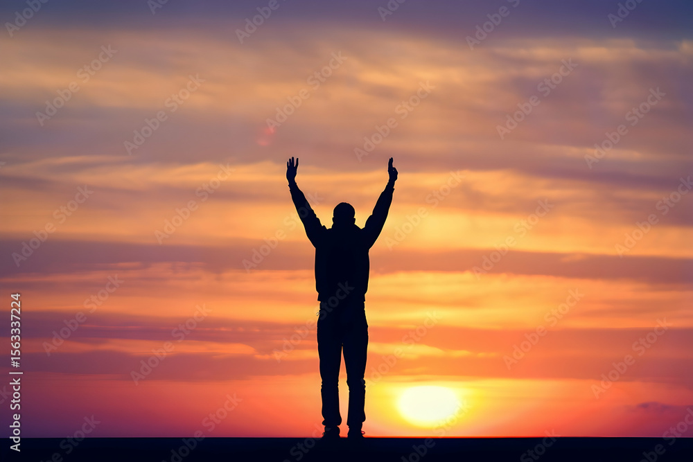 Fototapeta premium Silhouette of Person Celebrating at Colorful Sunset