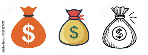 Minimal Black Silhouette Money Bag and Coin Icon with Dollar Symbol Vector Style Design