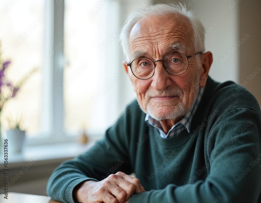 Portrait of senior man with glasses in his home, looking at camera. Elderly grandfather face, wrinkled skin, grey hair, mature age. Healthcare, lifestyle, retirement, senior care, wellbeing. Portrait of senior man with glasses in his home, looking at camera. Elderly grandfather face, wrinkled skin, grey hair, mature age. Healthcare, lifestyle, retirement, senior care, wellbeing.
