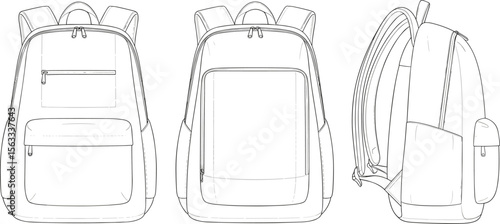 Front, back and side view vector illustration of modern school backpack with zipper pockets, ideal for product design, template, mockup