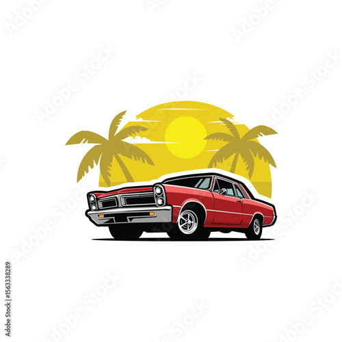 Classic muscle car in beach vector illustration. Best for automotive tshirt design