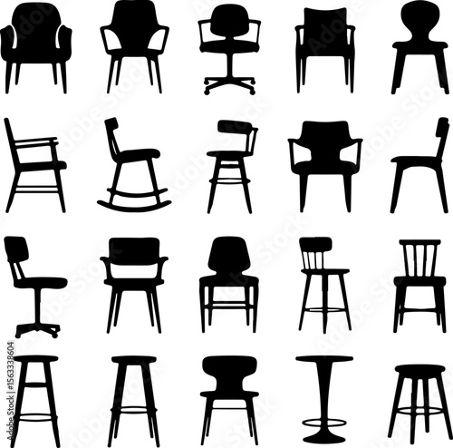 Collection of diverse black chair silhouettes stool armchair