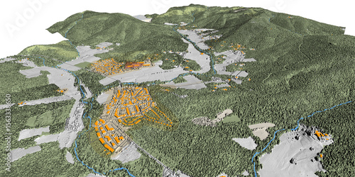 Concept de fond géographique - Données lidar HD - Vue aérienne de la topographie et occupation du sol d'un territoire - Rendu 3d modèle numérique de terrain et nuage de points Lidar HD