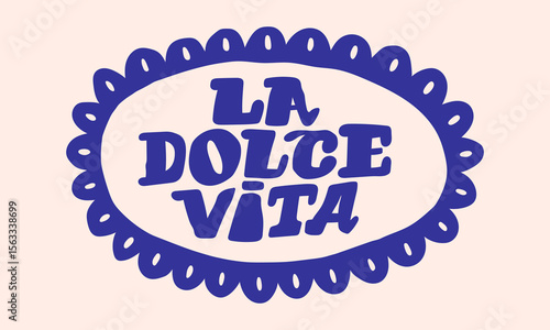 La Dolce Vita lettering in hand drawn summer doodle print. Beach, marine and Mediterranean vibes. Retro postcard-style clipart in coastal, naive, minimal design. Perfect for travel, fashion, and decor