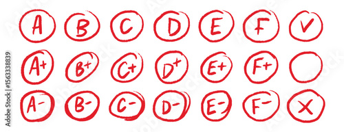 Hand drawn school grade circles red marks set educational design