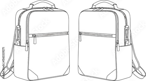 Modern slim sling backpack technical drawing, front and angled view, flat vector sketch, minimal travel bag design with zipper compartments