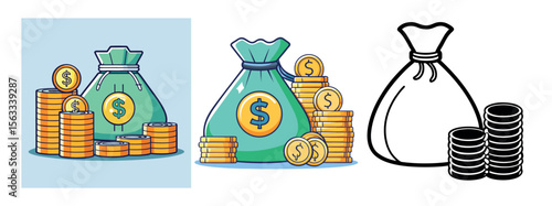 Minimal Black Silhouette Money Bag and Coin Icon with Dollar Symbol Vector Style Design