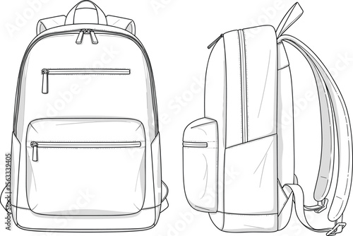 Modern travel backpack vector sketch with dual zipper pockets, side pouch, adjustable straps, technical flat drawing for fashion accessories design