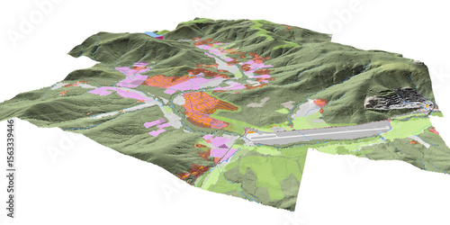 Concept de fond géographique - Données lidar HD - Vue aérienne de la topographie et occupation du sol d'un territoire - Rendu 3d modèle numérique de terrain et nuage de points Lidar HD
