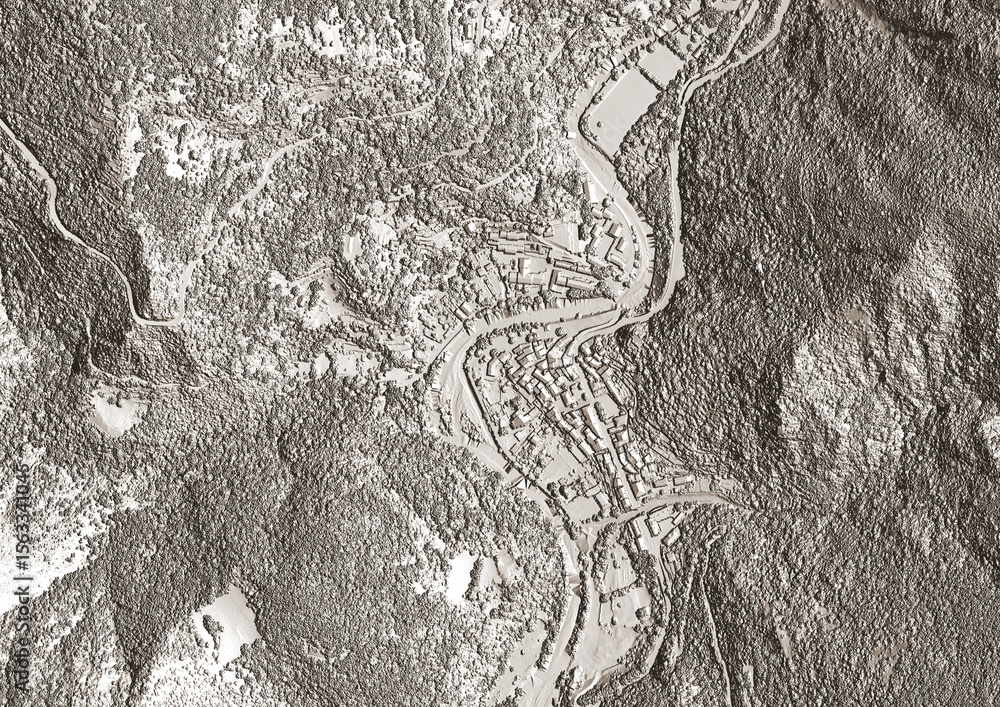 Fototapeta premium Concept de fond géographique - Données lidar HD - Vue aérienne de la topographie d'un territoire - Rendu 2d modèle numérique de terrain et nuage de points Lidar HD