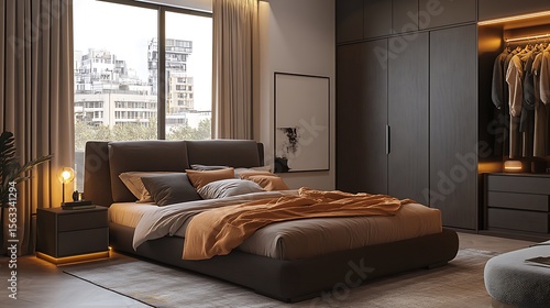 Modern cozy bedroom in shades of brown, bed positioned front-facing with crisp linens, warm lighting, urban view outside window, and modern wardrobe and designer grey sofa